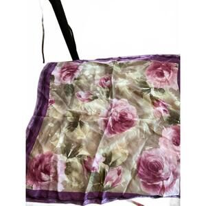Elegant Floral Silk Scarf with Purple Border 20” X 20”